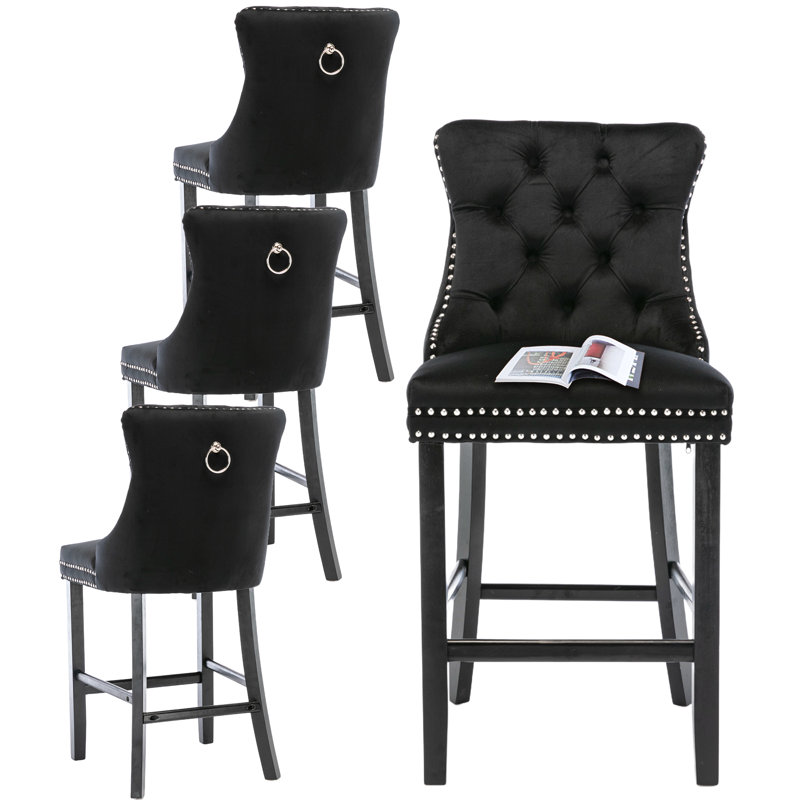 Tabouret de bar rembourré en velours avec dossier capitonné (ensemble de 4), Noir / Noir