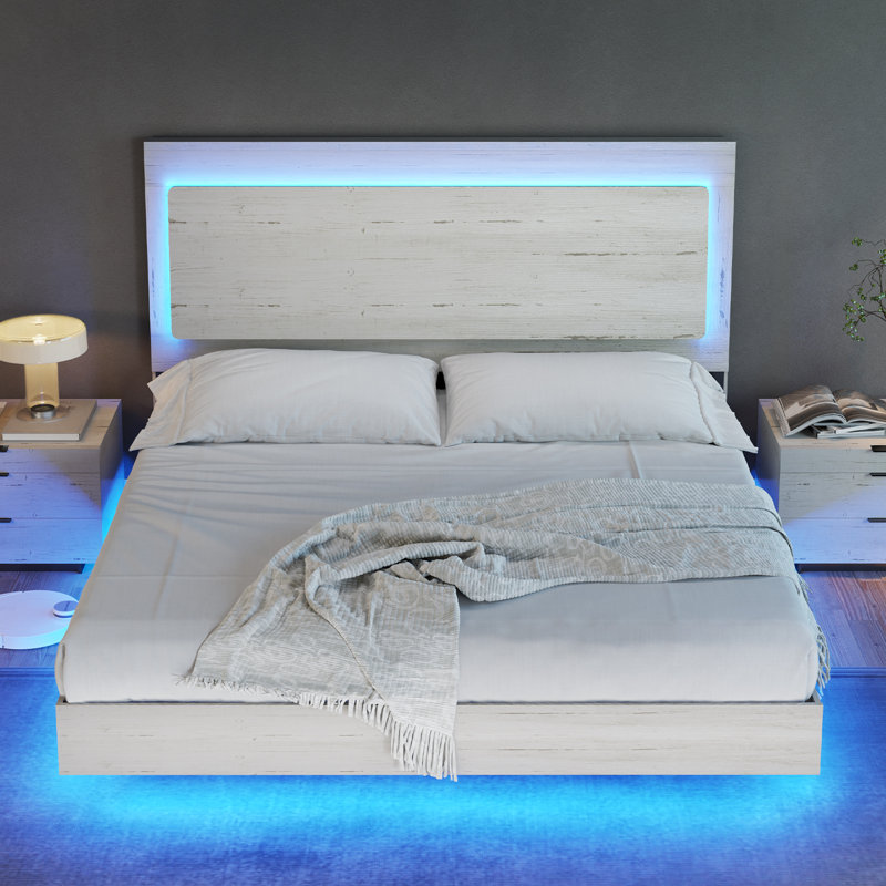 Tryston Floating Full Bed with LED Light, White, Full, White