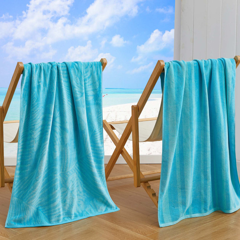 100% Cotton Jacquard Printed 2 Pack Beach Towels, Turquoise/Teal Palm Leaf & Stripe