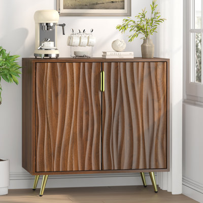 Walnut Fluted Buffet Sideboard Cabinet with Storage, 4-Tier with Cabinet Water Wave Pattern Doors, Modern Coffee Bar with Adjustable Shelves for Kitchen, Hallway