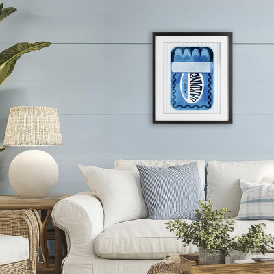 «Blue Sardine Tin Over Stripes», reproduction encadrée sous verre, design par Daphne Polselli