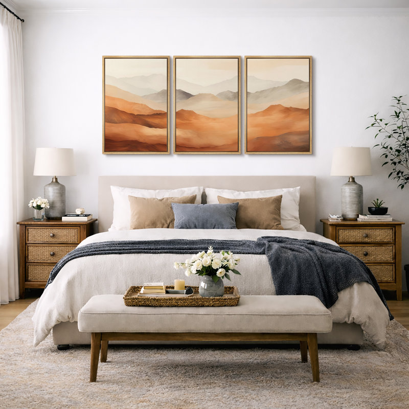 Abstract Landscape "Vibrant Warm Orange Brown Mountains Artwork, Modern Organic Simple Minimalist Wall Pictures, Framed Canvas Giclée Print 3 Pieces Wall Art" 16"x24"x3 pcs, 24"x36"x3 pcs