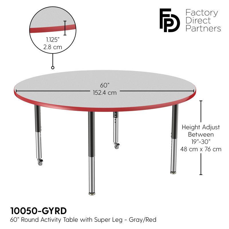 Table ronde à hauteur réglable, H 24 po x L 60 po x l 60 po, Grey/Red/Black, Super