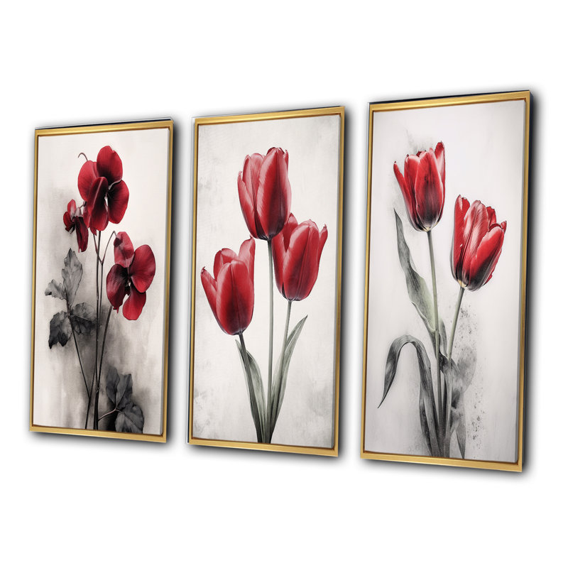 «Red Violets Dreamer», 3 pièces sur toile, H 28 po x l 36 po, Cadre flottant doré