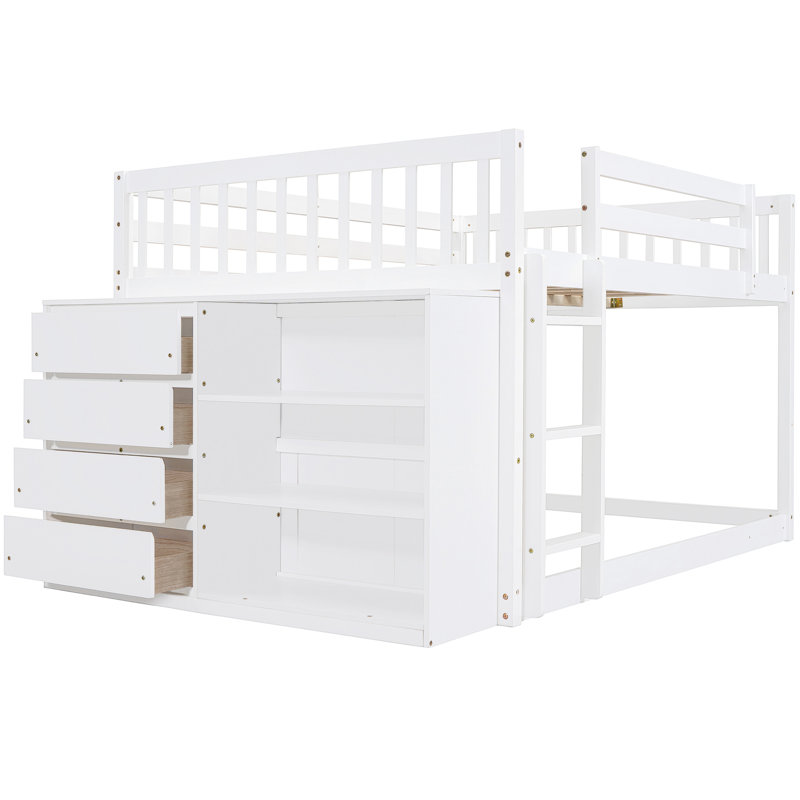 Lit superposé double blanc avec construction solide et rangement fonctionnel en bois de pin blanc, Lit double, Blanc