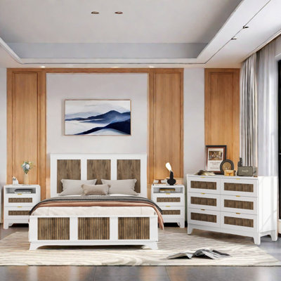 Darryel 4-Pieces Bedroom Sets Included Platform Bed, 2 Nightstands, 1 Dresser and Wooden Strip Decoration
