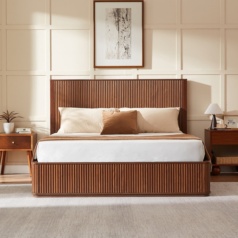 Base de lit plateforme à motif de vagues et grain de bois, Walnut