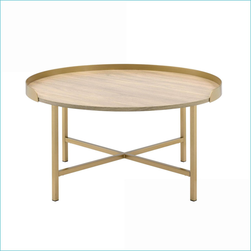 Chêne & amp; Table basse ronde dorée avec base en métal, plateau supérieur pour objets sécurisés
