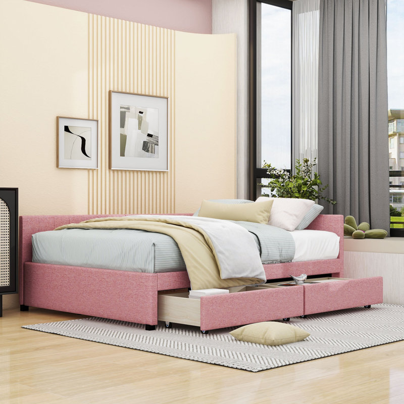 Full Size Linen Upholstered Daybed with Semi-Closed Design and Dual Storage Drawers, Pink