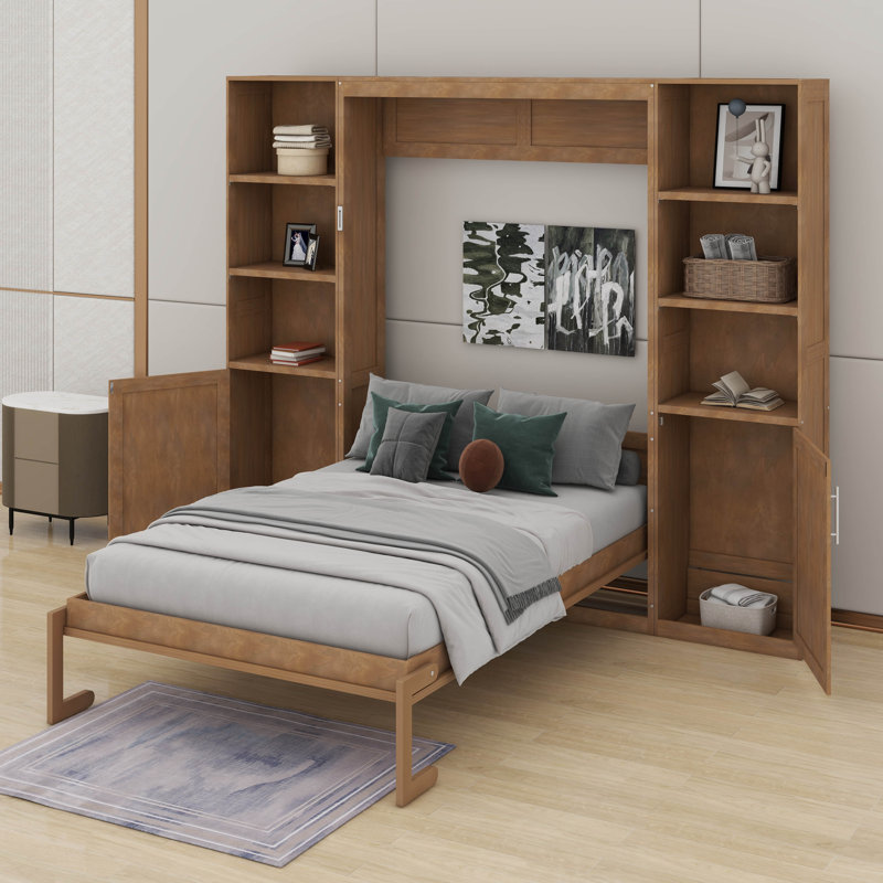 Grand lit escamotable avec tablettes et armoires