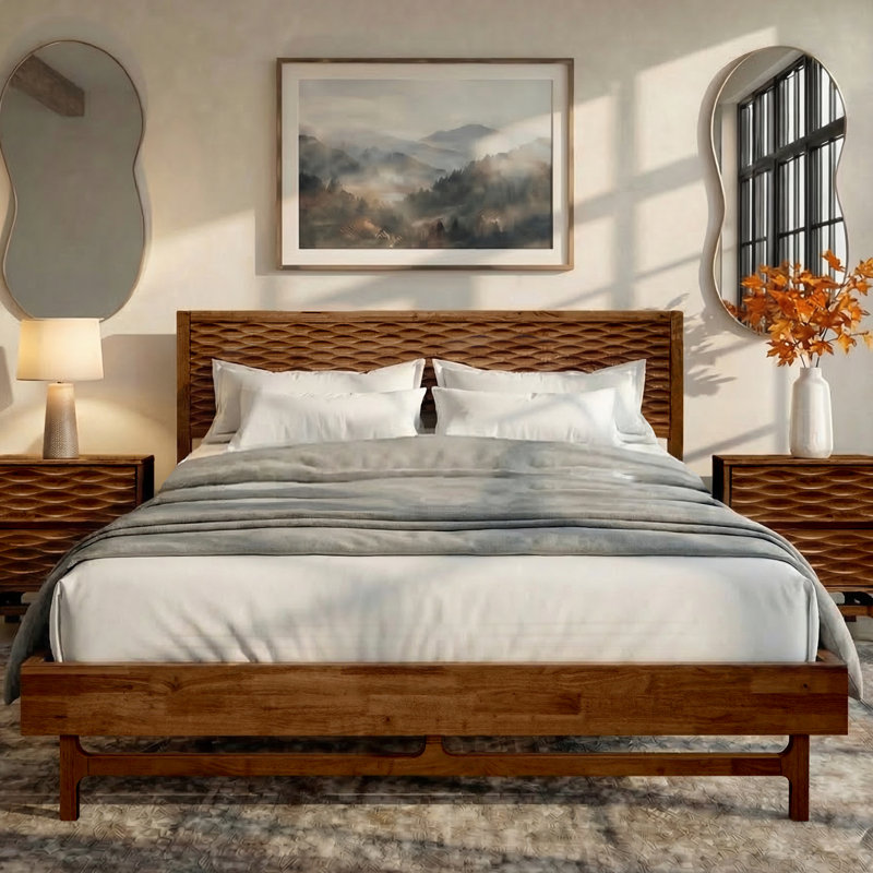 Gerrell Solid Wood Platform Bed Frame with Sculpted Spearhead Headboard – Mid-Century Modern Style, 800lbs Capacity, All Mattress Support, No Box Spring Needed