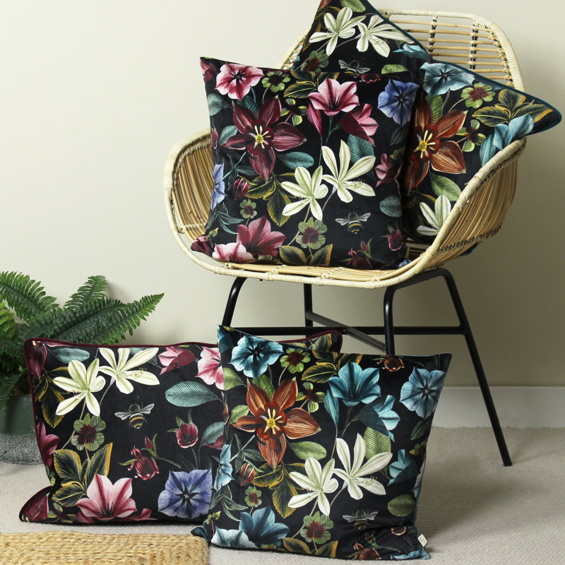 Midnight Garden Floral Velvet Piped Cushion, Teal, Polyester