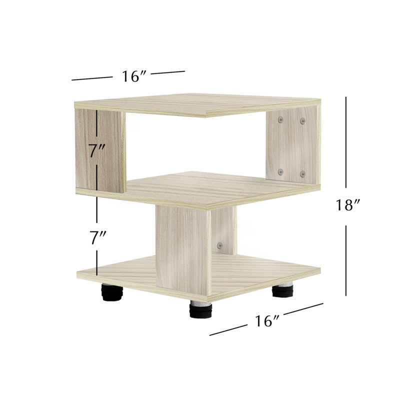 Table de chevet simple cubique ouverte, planche de bois manufacturée en grain naturel clair avec patins en caoutchouc noir