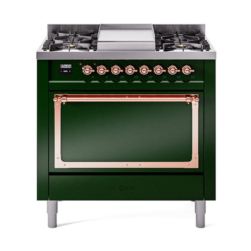 ILVE Nostalgie II Noblesse 36 in Dual Fuel Range, Emerald Green/Copper, Liquid Propane