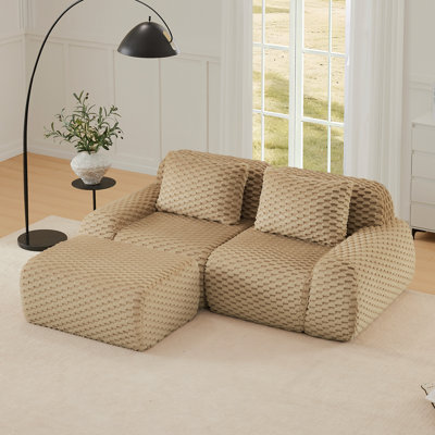 Canapé modulaire en L 82 po pour salon modulaire de 82 po, tissu de flanelle, canapé 2 places surdimensionné, canapé sans os, repose-pieds mobile, connexion à boucle, conception antidérapante, sans assemblage, chameau clair