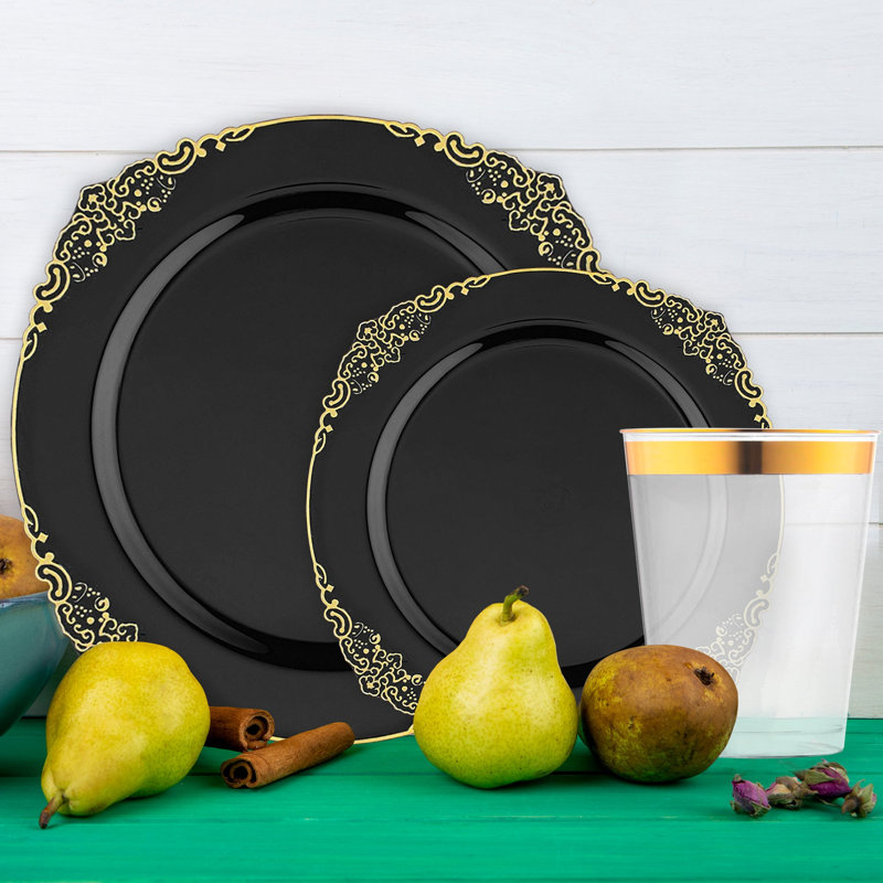 Service de table rond jetable en plastique noir et doré - 60 couverts