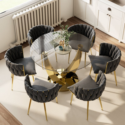 Ensemble de table de salle à manger 7 pièces avec 6 chaises rembourrées en velours