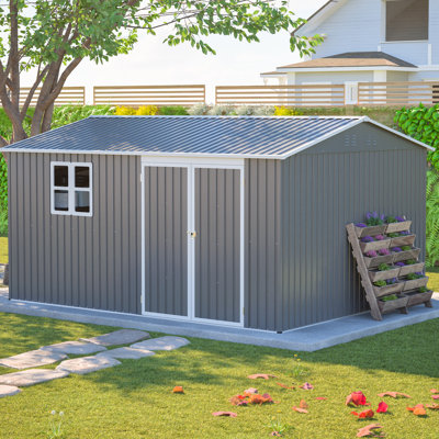 Remise de rangement extérieure 12 pi x 10 pi, métal, imperméable, patio en acier, gris, résistant aux intempéries, acier à installation directe, pelouse de jardin, portes verrouillables, construction renforcée