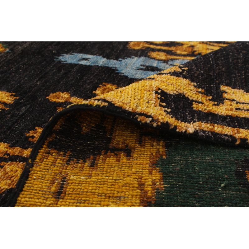Tapis de couloir en laine noué à la main de conception unique 5 pi 1 po x 10 pi 3 po Bernete Tapis décoratif en jaune/vert/bleu clair