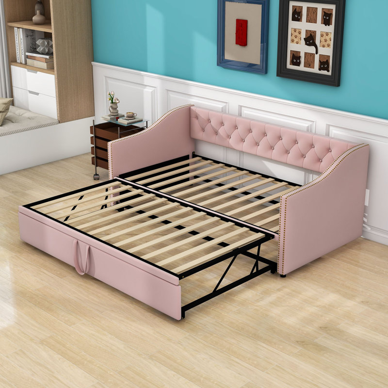 Twin Upholstered Daybed with Trundle, Pink