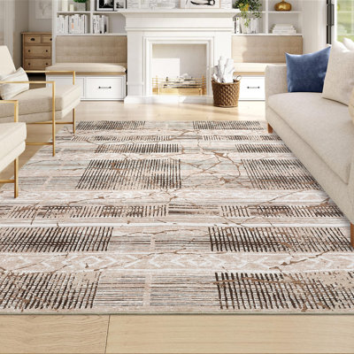 Boho Machine Washable Rug with Rubber Backing for Living Room Modern Non-Slip Dining Room Rug Non-Shedding Faux Wool Rugs for Bedroom Floor Carpet for Office Nursery Playroom