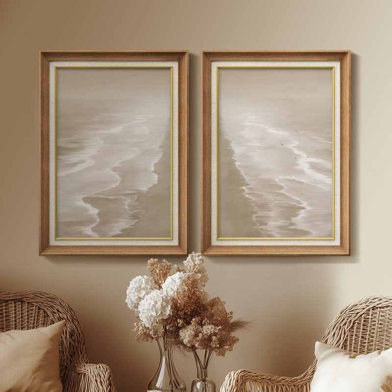 Sépia rivage vagues côtières minimalistes - ensemble de 2 reproductions d'art encadrées de qualité supérieure sur papier 26 po x 36 po
