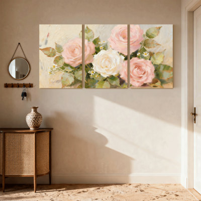 Rose Pink Roses With White Flowers And Green Leaves Set of 3 Canvas Wall Art Prints