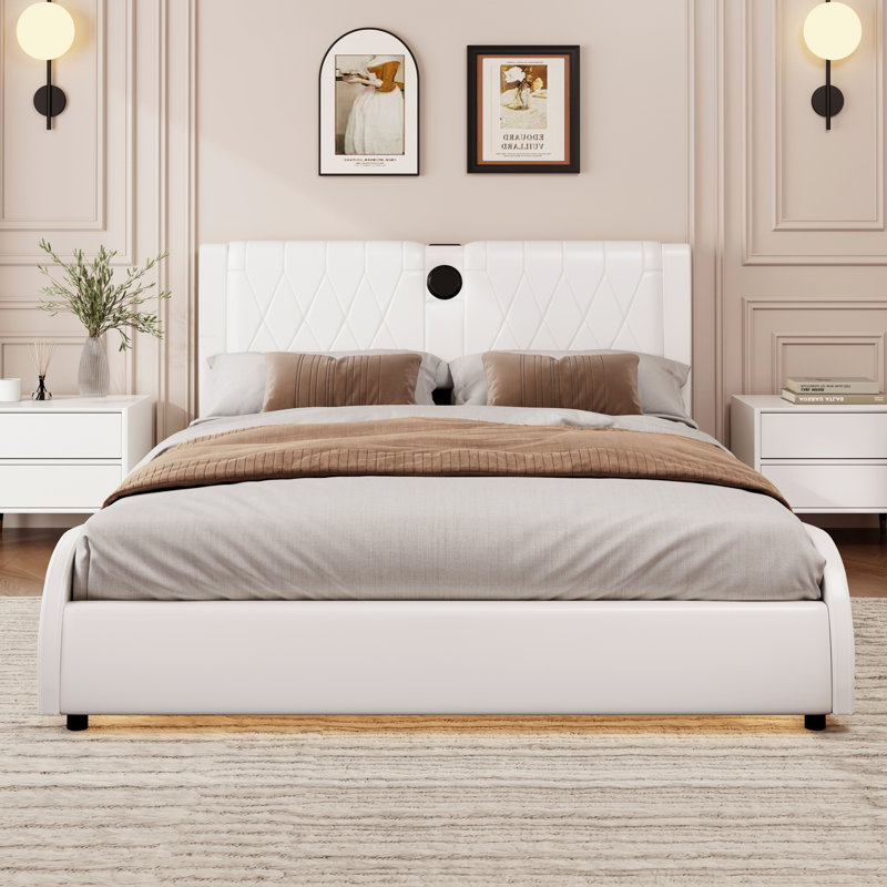 Modern RGB LED Bed Frame with Faux Leather and Bluetooth Speakers, White, King