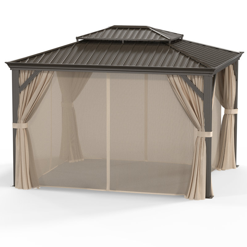 Double-Top 12 Ft. W x 10 Ft. D Hardtop Patio Gazebo with Polyester Curtains and Nettings