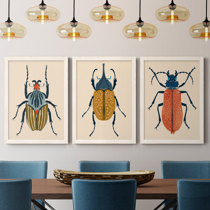 Beetle Bug I - ensemble de 3 peintures sur toile encadrées, Blanc, H 31,5 po x l 47 po x P 1,5 po