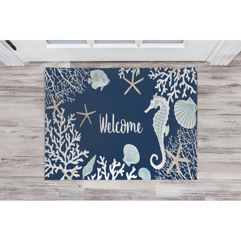 Coral & Seahorse Welcome Indoor Doormat, Navy, 60" W x 84" L