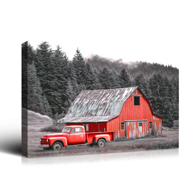 Vintage Red Truck Red Barn Canvas Wall Art, Rustic Farmhouse Country Landscape Wall Decor, Framed Retro Pickup Truck Painting for Living Room Bedroom Office, Ready to Hang