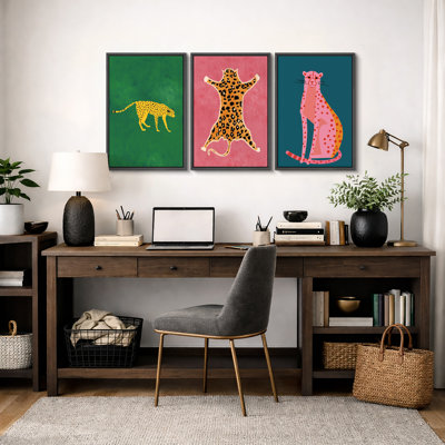 Bright Preppy Animals "Pop Vibrant Bold Green Pink Blue Artwork, Chic Tiger Leopard Colorful Wall Pictures, 3 Pieces Framed Canvas Giclee Digital Print Wall Art" 16"x24"x3 pcs, 24"x36"x3 pcs