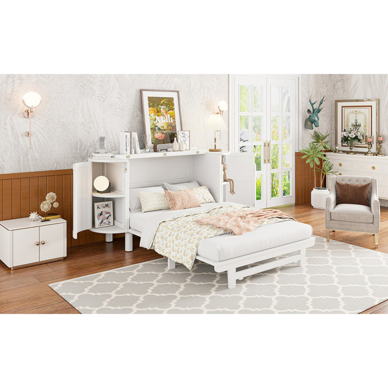 Lit double blanc avec rangement caché et touche tissée contemporaine - option d'espace pour les chambres d'invités et matelas pliables Commode avant à tiroir chic