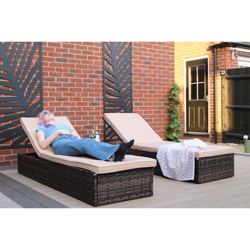 Tyndale 195cm Long Reclining Single Sun Lounger with Cushions and Table, Beige, Brown