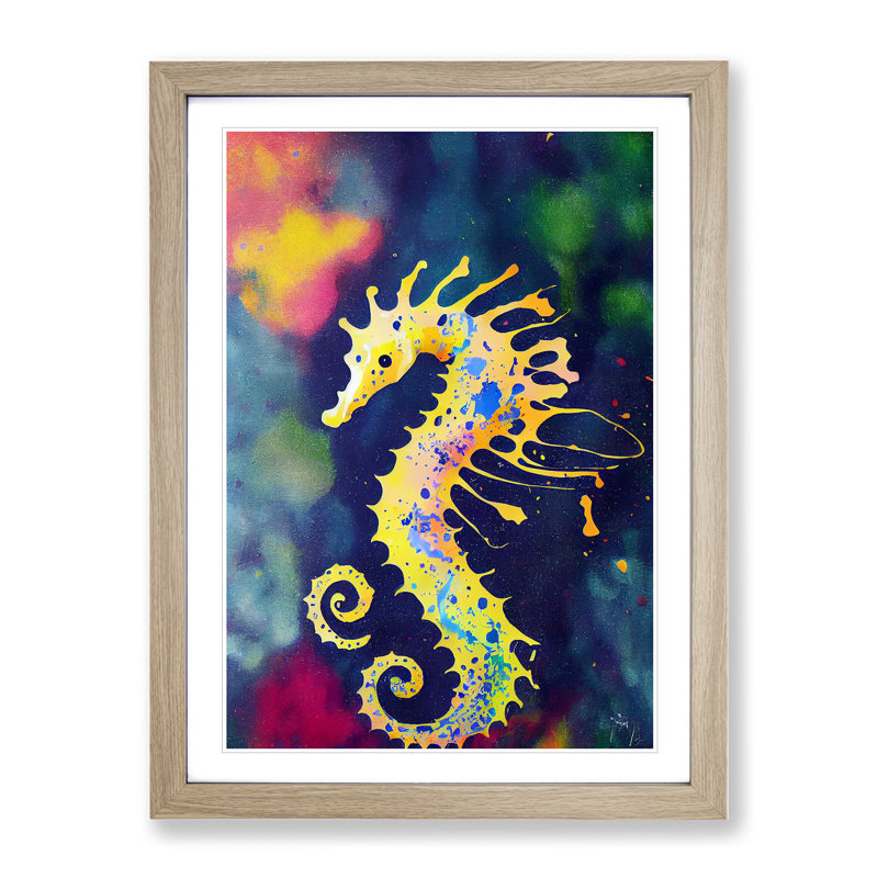 Seahorse Paint Splash No.2 - Single Picture Frame Painting, 34cm H x 25cm W x 2cm D, Oak Framed