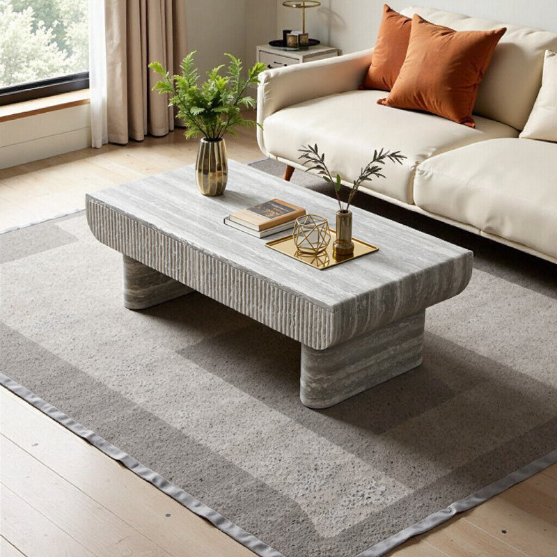 Table basse de style Mid-Century moderne avec texture en bois gris, tiroir cannelé, conception ovale peu encombrante pour le salon et le bureau