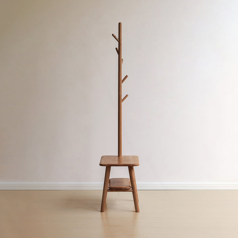 Solid Wood Shoe Stool With Cloth Hanger, Mid-Century Modern Entryway Bench For Smart Organization And Daily Convenience.