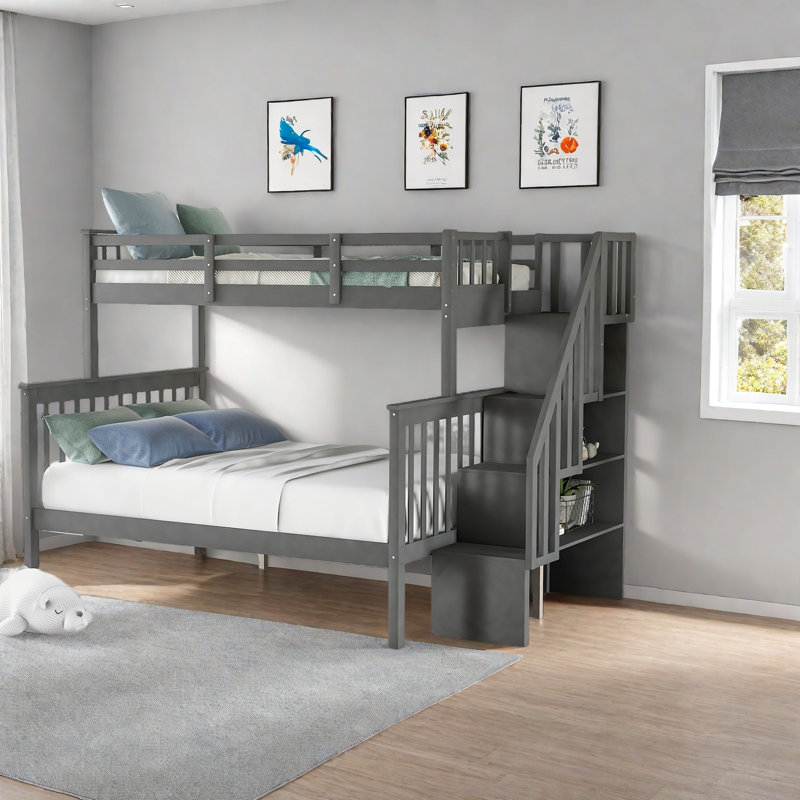 Lit superposé simple au-dessus de double avec rangement et garde-corps pour chambre à coucher Stairway, Gris