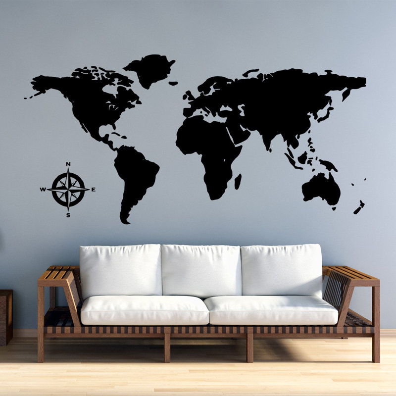 Adhésif décoratif carte du monde en vinyle, H 15 po x L 30 po, Noir