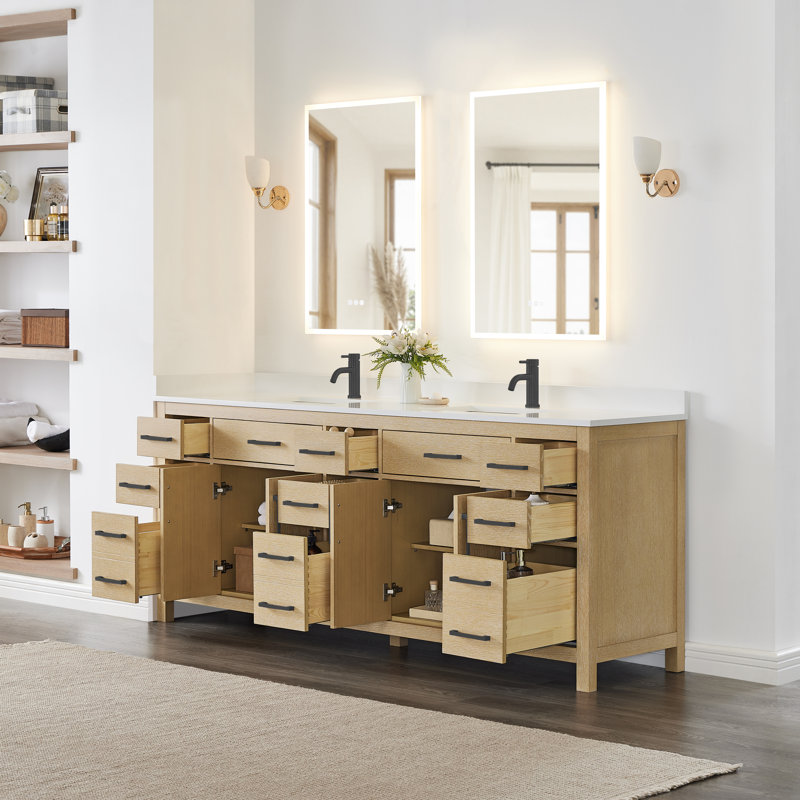 Beckett 84" Freestanding Double Bathroom Vanity with Cultured Marble Top, Whitewashed Oak, Brushed Nickel