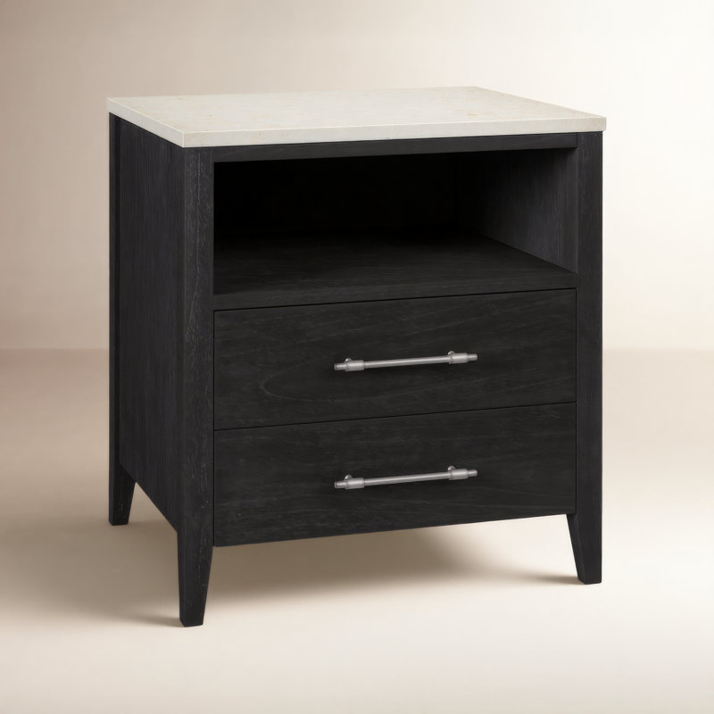 Grazyna Solid Wood Nightstand with Marble Top, Washed Black/Ivory