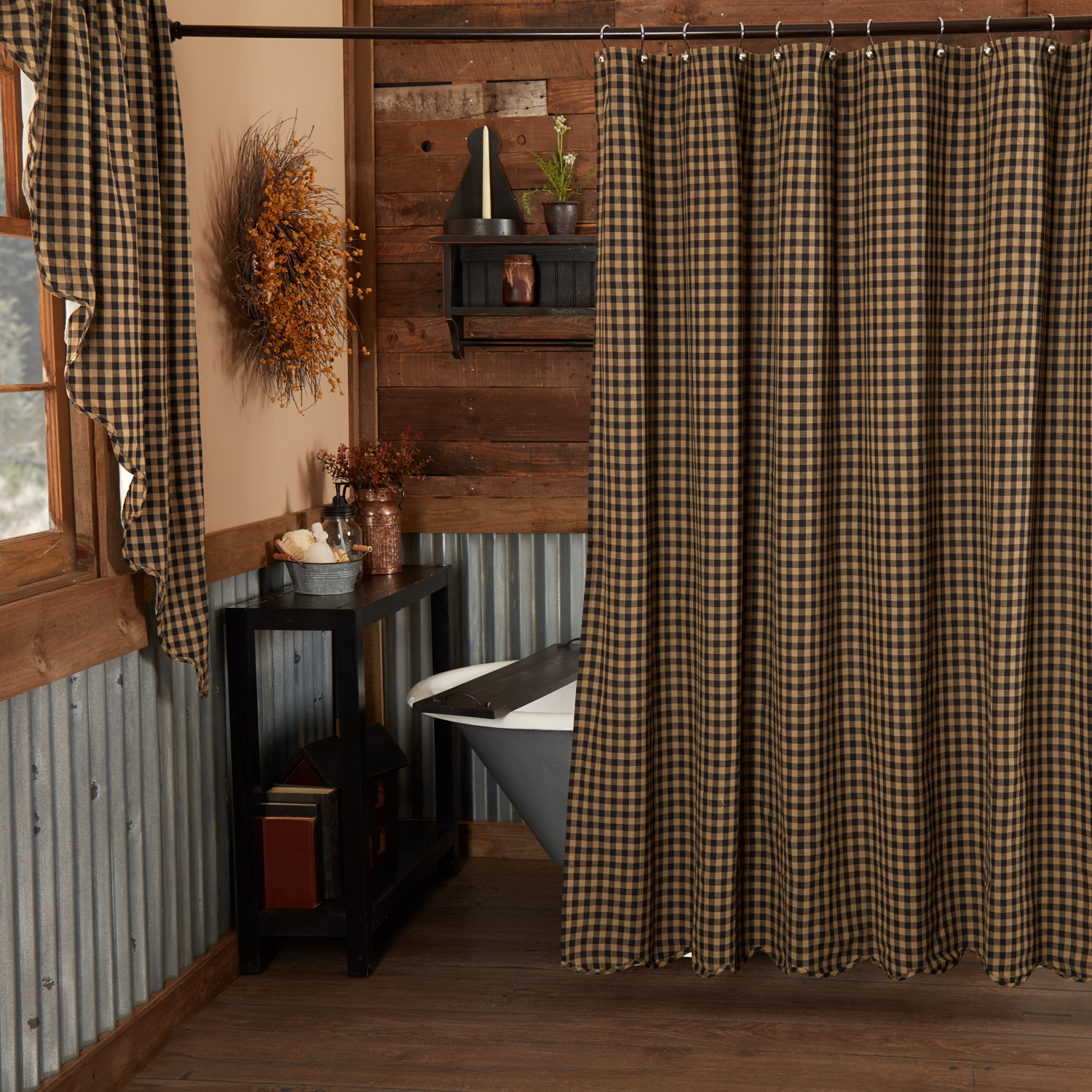 Cotton Checkered Single Shower Curtain - Raven Black/Khaki