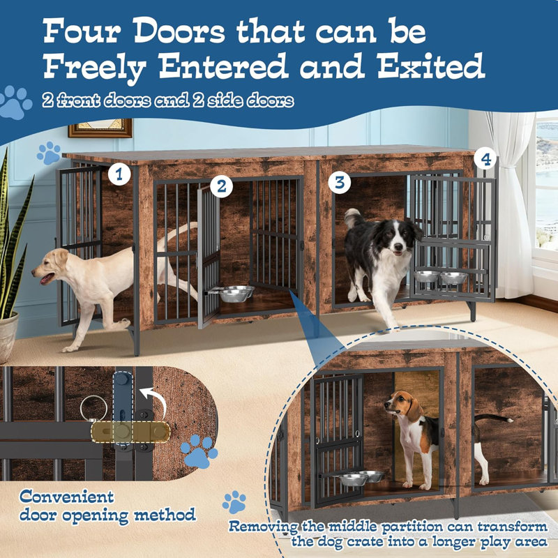  79" Dog Crate Furniture For 2 Dogs, Large Dog Kennel With 360° Rotating Feeder Bowls, Indoor Double Dogs Crates With 4 Doors, Wooden Crate Tv Stand With Removable Divider
