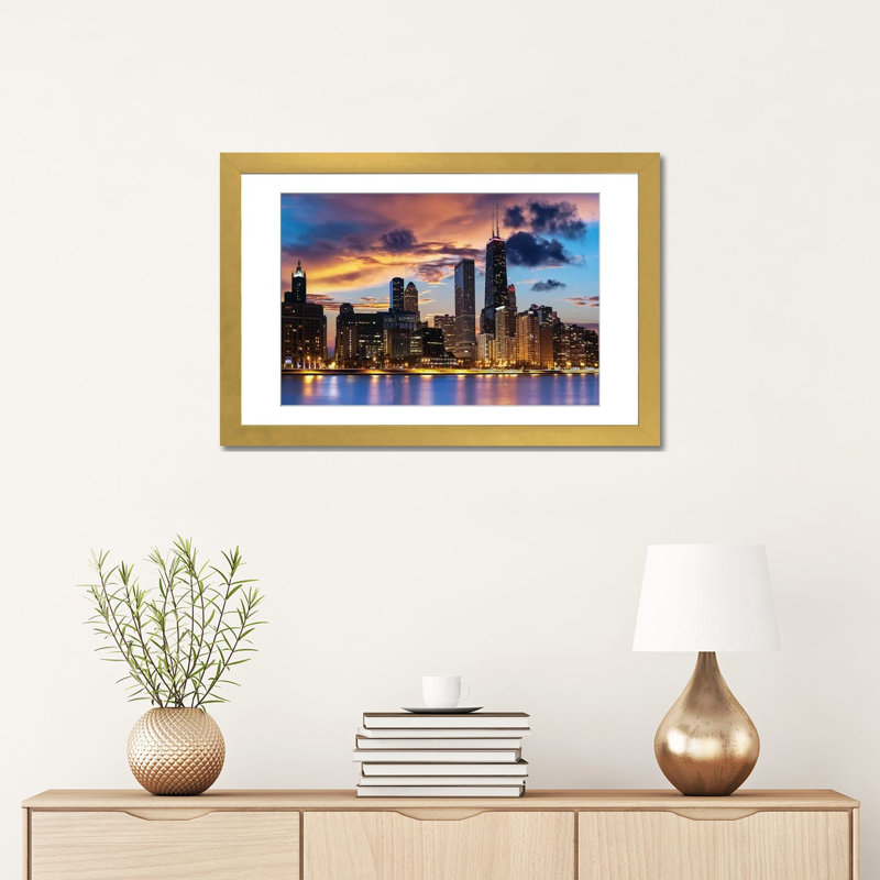 Chicago Skyline by Paul Rommer iCanvas, 16" H x 24" W x 1" D, Gold Open Corner Frame Paper