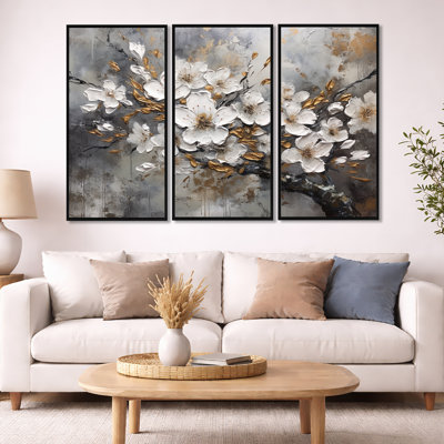 White Grey Cherry Blossum Harmony I - Floral Wall Art
