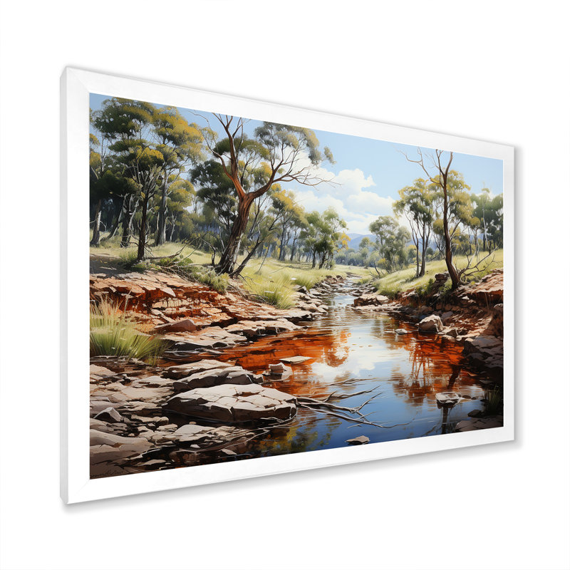 Aquarelle, rivière en Afrique, sur toile, Cadre simple blanc, H 34 po x l 44 po x P 1,5 po