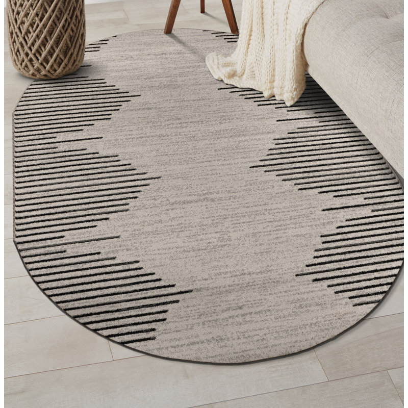 Damarcus Geometric Cream/Black/Gray Area Rug, Oval 5' x 7', Cream