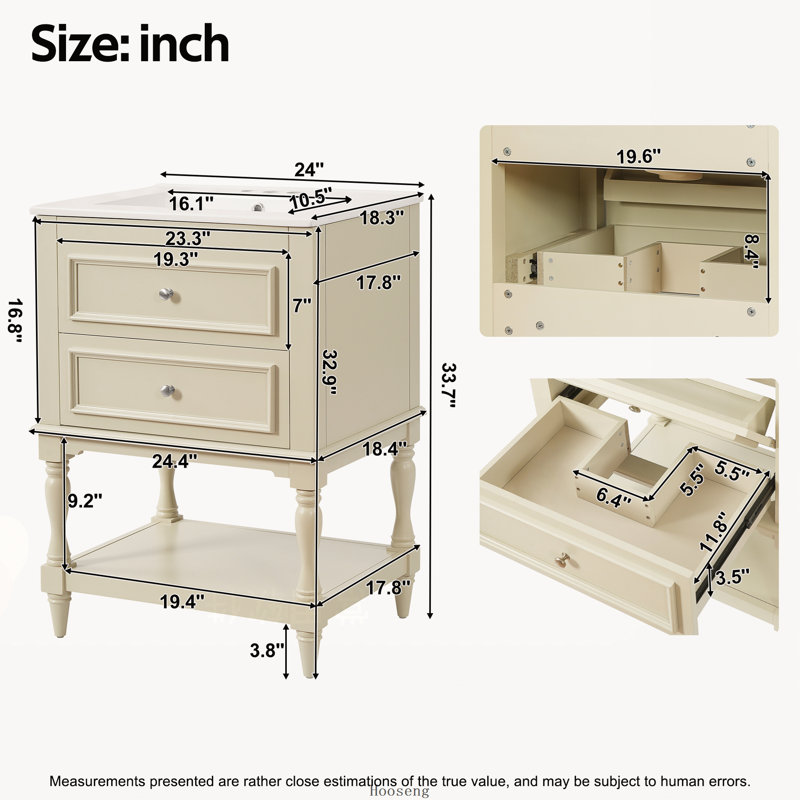 Meuble-lavabo de salle de bain 24 po avec lavabo en céramique, Beige