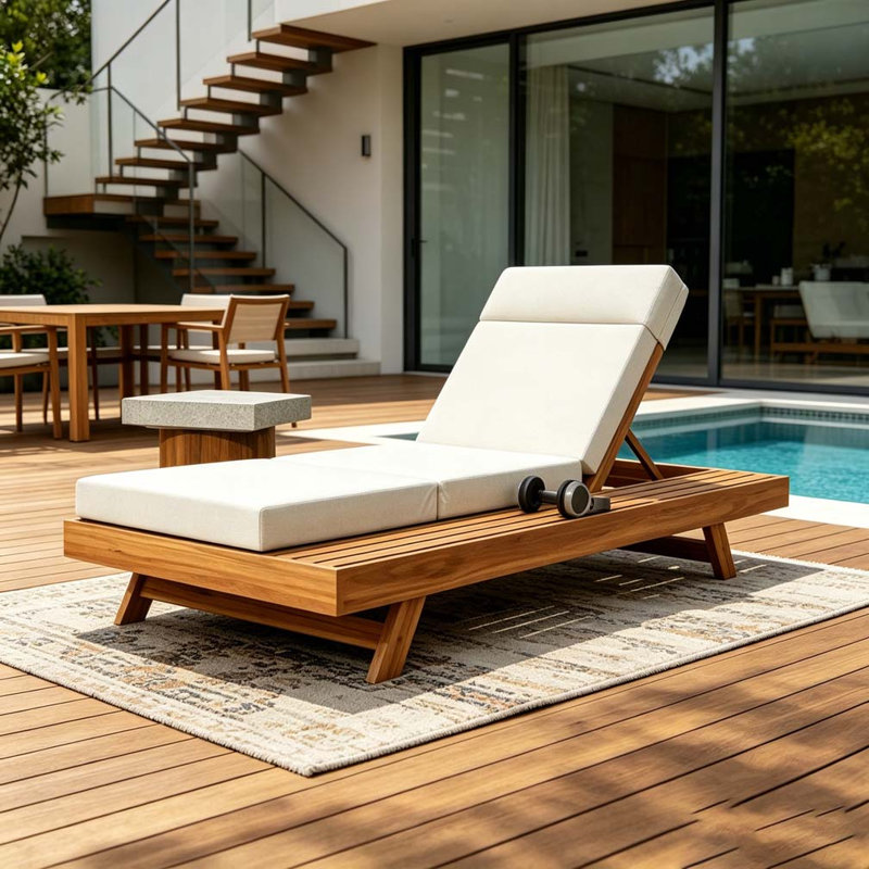 Méridienne pliable en bois d'acacia avec dossier réglable, Beige, plié en 3 et 4 pouces
